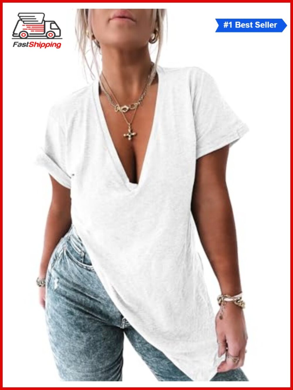 Womens Deep V Neck Oversized Tunic T Shirt Curved Hem Summer Tee